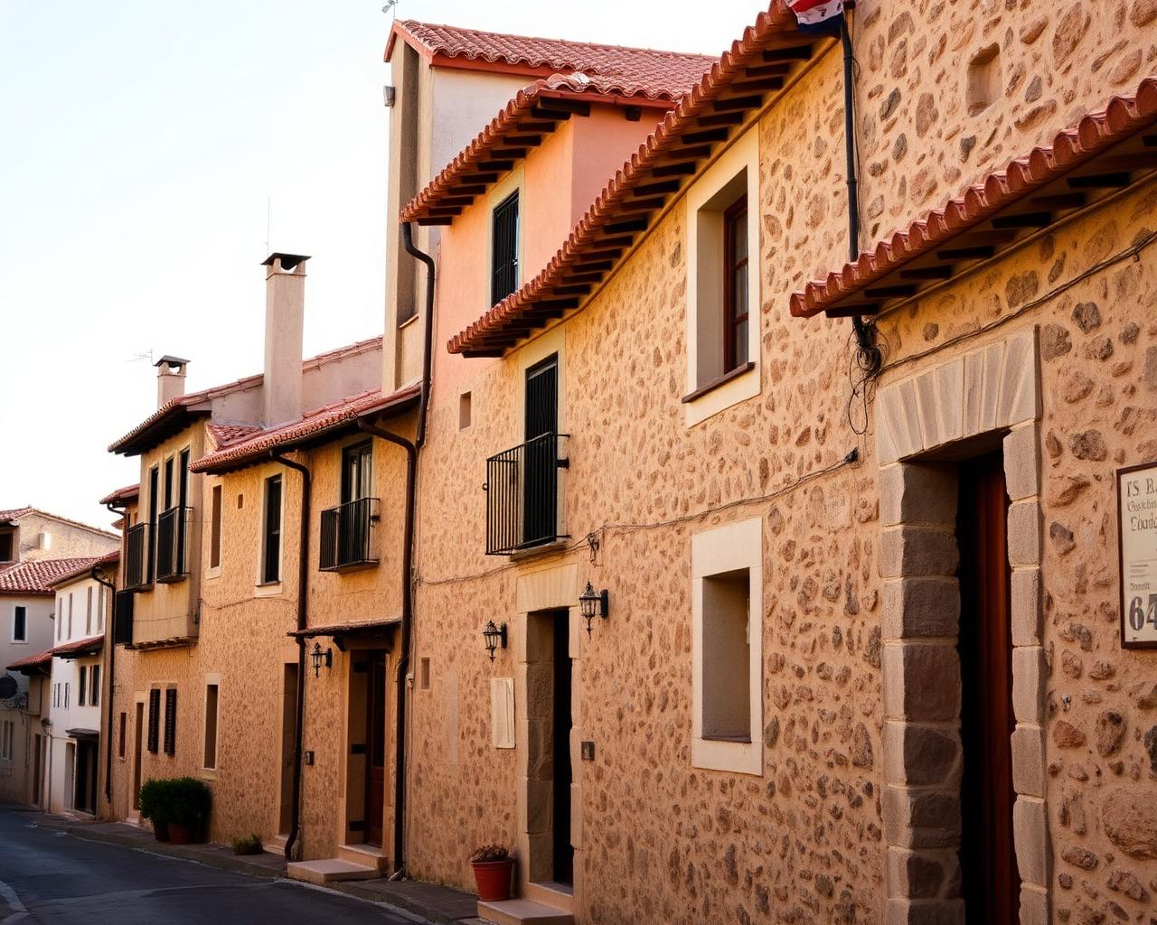Calle de pueblo español con casas de piedra