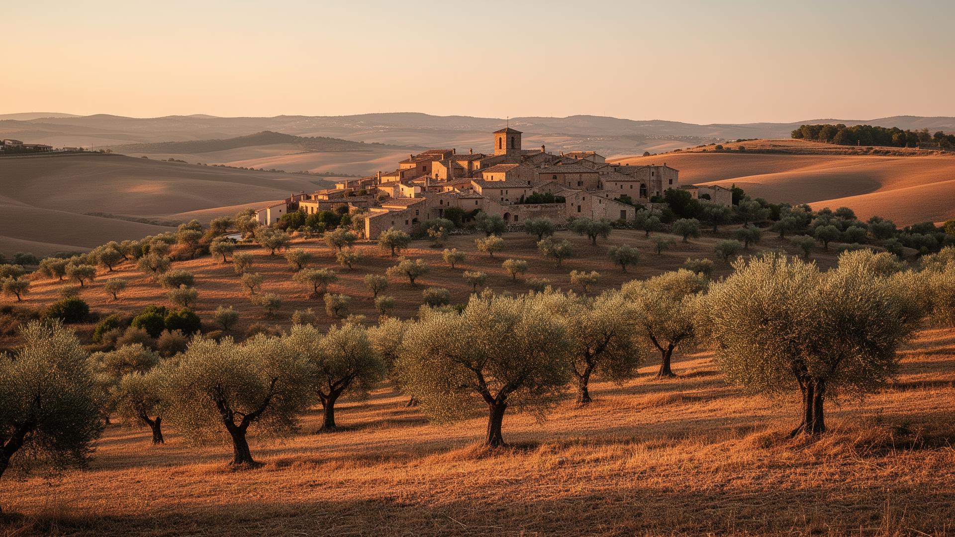 Pueblo castellano entre olivares al atardecer